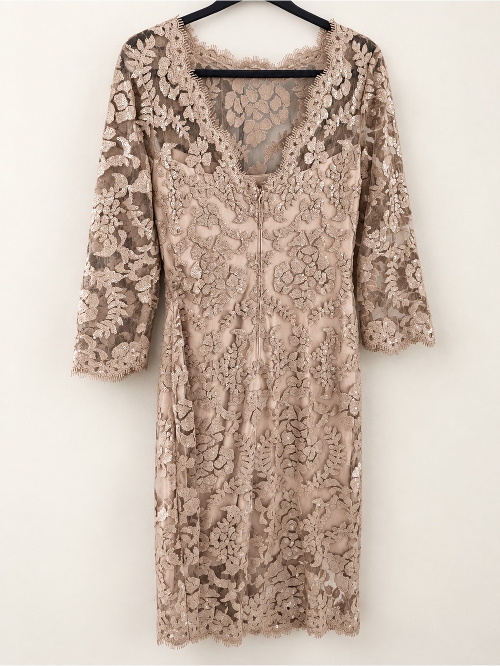 Tadashi Shoji Taupe Lace Midi Dress with V-Neck and Three-Quarter Sleeves